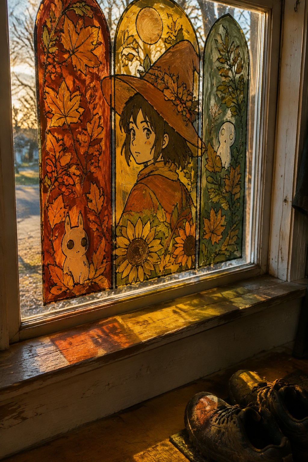 Sunlit stained glass window with anime witch, autumn leaves, ghost, and shoes on sill.