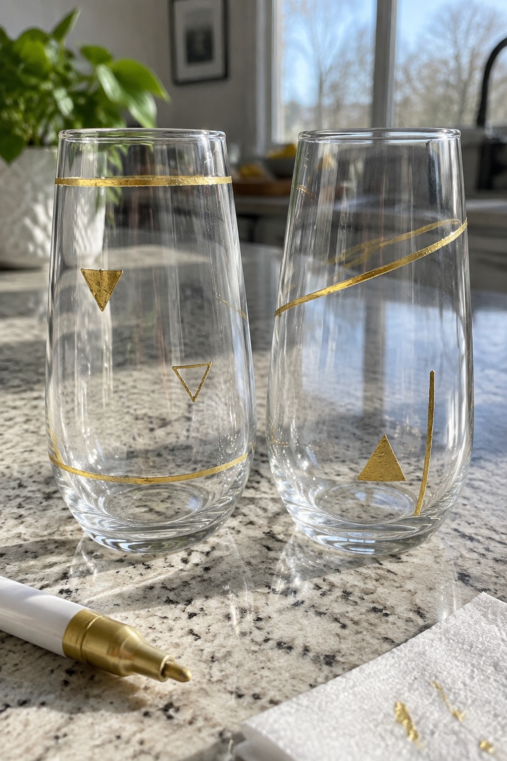 Two clear glasses with gold triangles and lines beside marker on marble counter