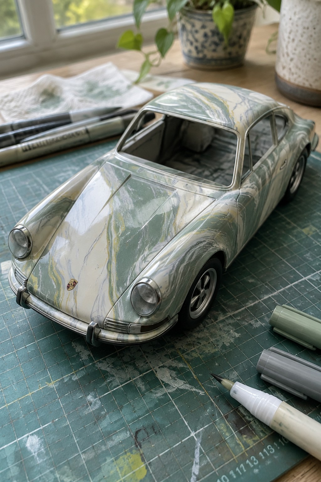 Marbled green Porsche model car on cutting mat with markers and pens