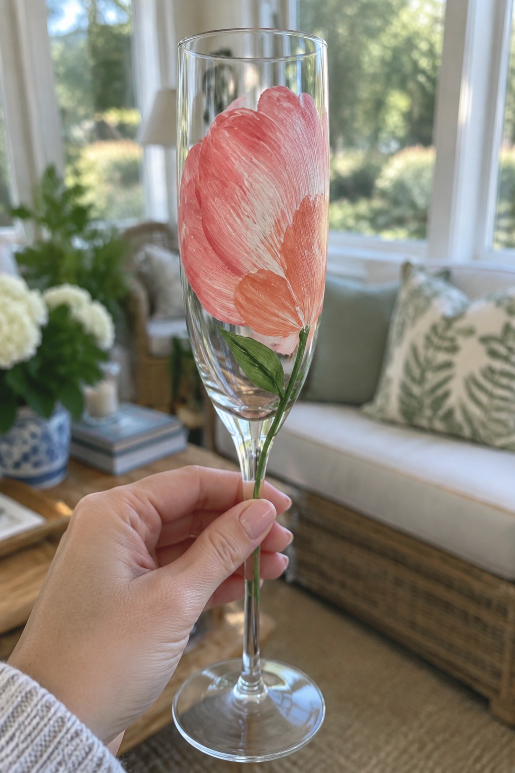 Hand holding champagne flute with large pink tulip painting on glass