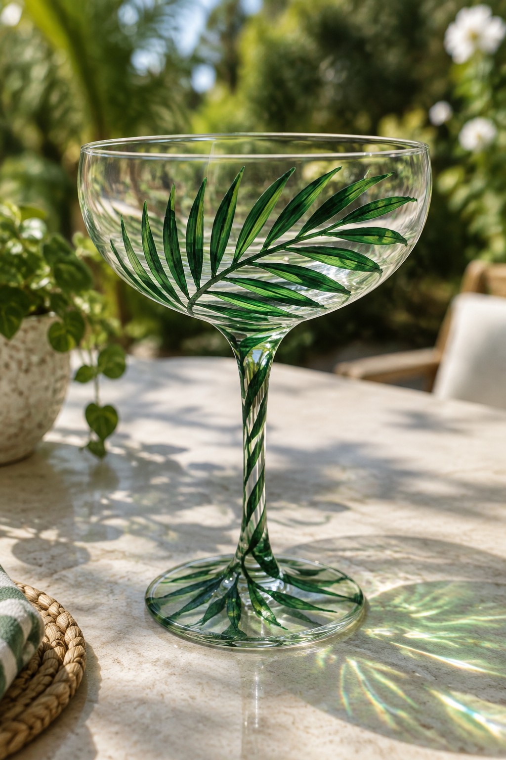 Clear glass coupe with green palm leaves painted on bowl, twisted stem, and base.