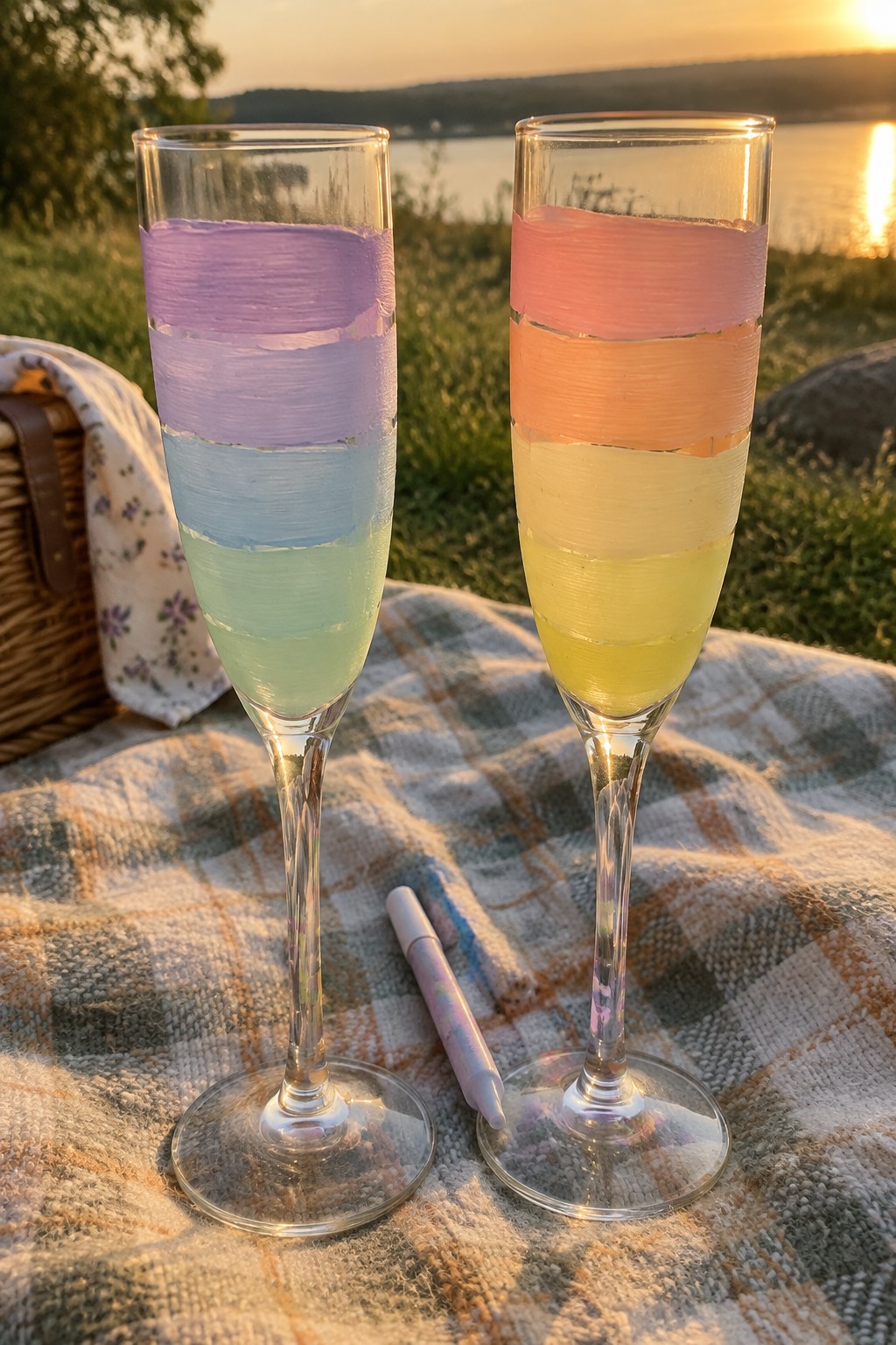 Two pastel-striped champagne flutes on plaid blanket at lakeside sunset picnic.