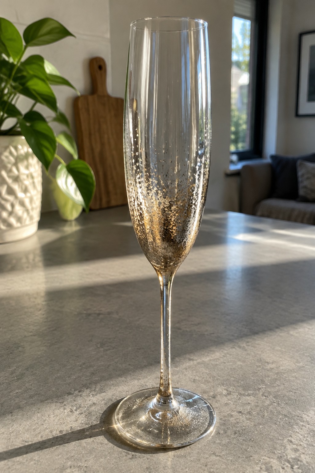 Gold-speckled champagne flute standing on a gray stone countertop