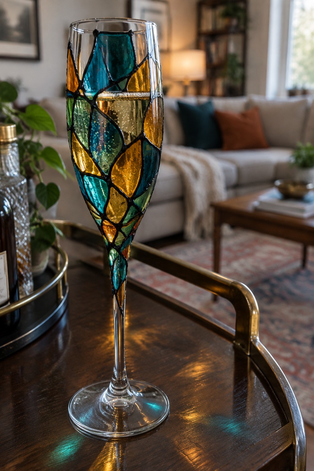 Stained-glass champagne flute in teal, gold, and green on wooden tray
