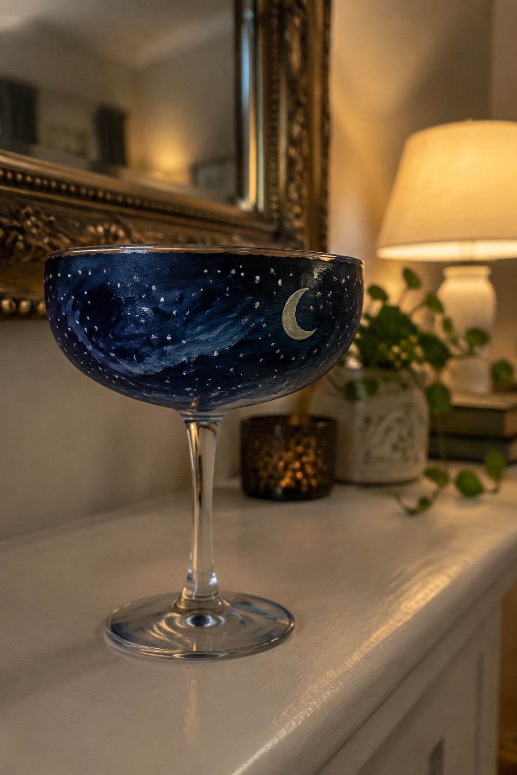 Dark blue painted coupe glass with stars and crescent moon on mantel
