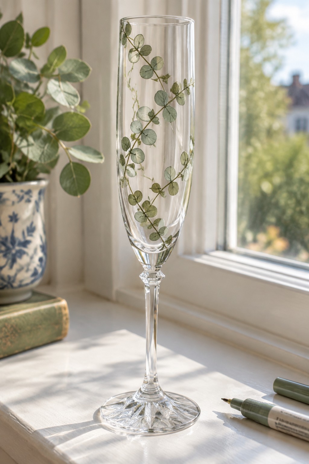 Tall clear flute with green foliage design on sunlit windowsill beside plant