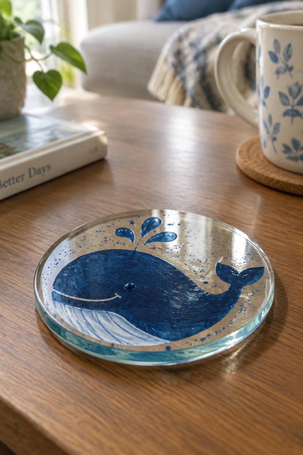 Blue whale painted on round glass coaster on wooden table with book and mug