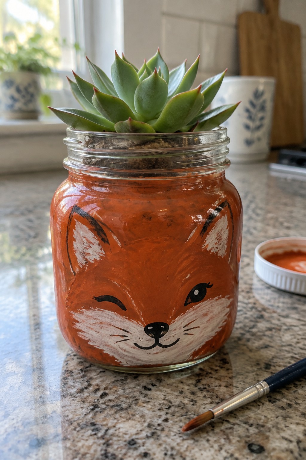Orange fox-painted mason jar with succulent on granite counter beside paintbrush