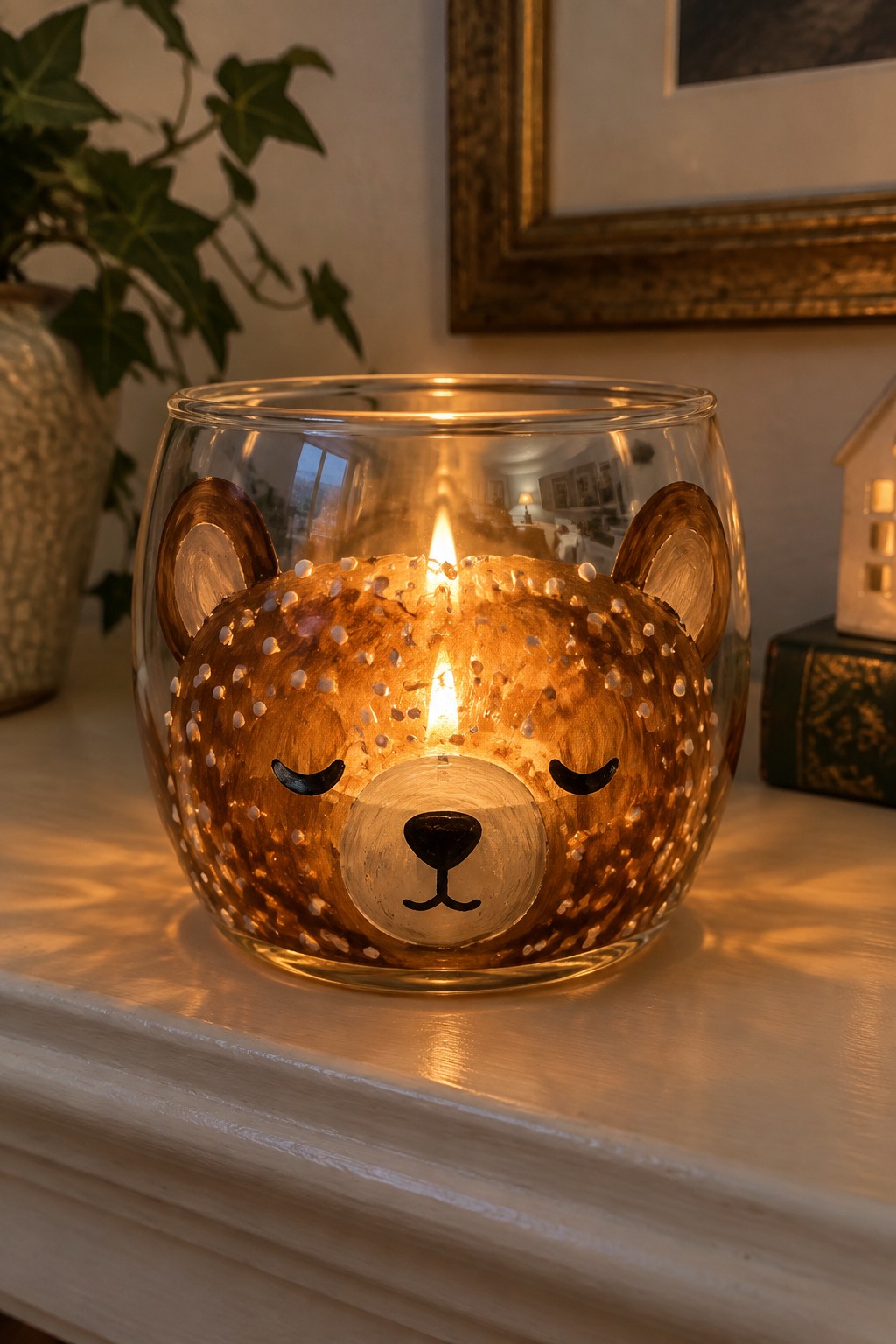 Lit bear-faced glass candle holder glowing warmly on white mantel