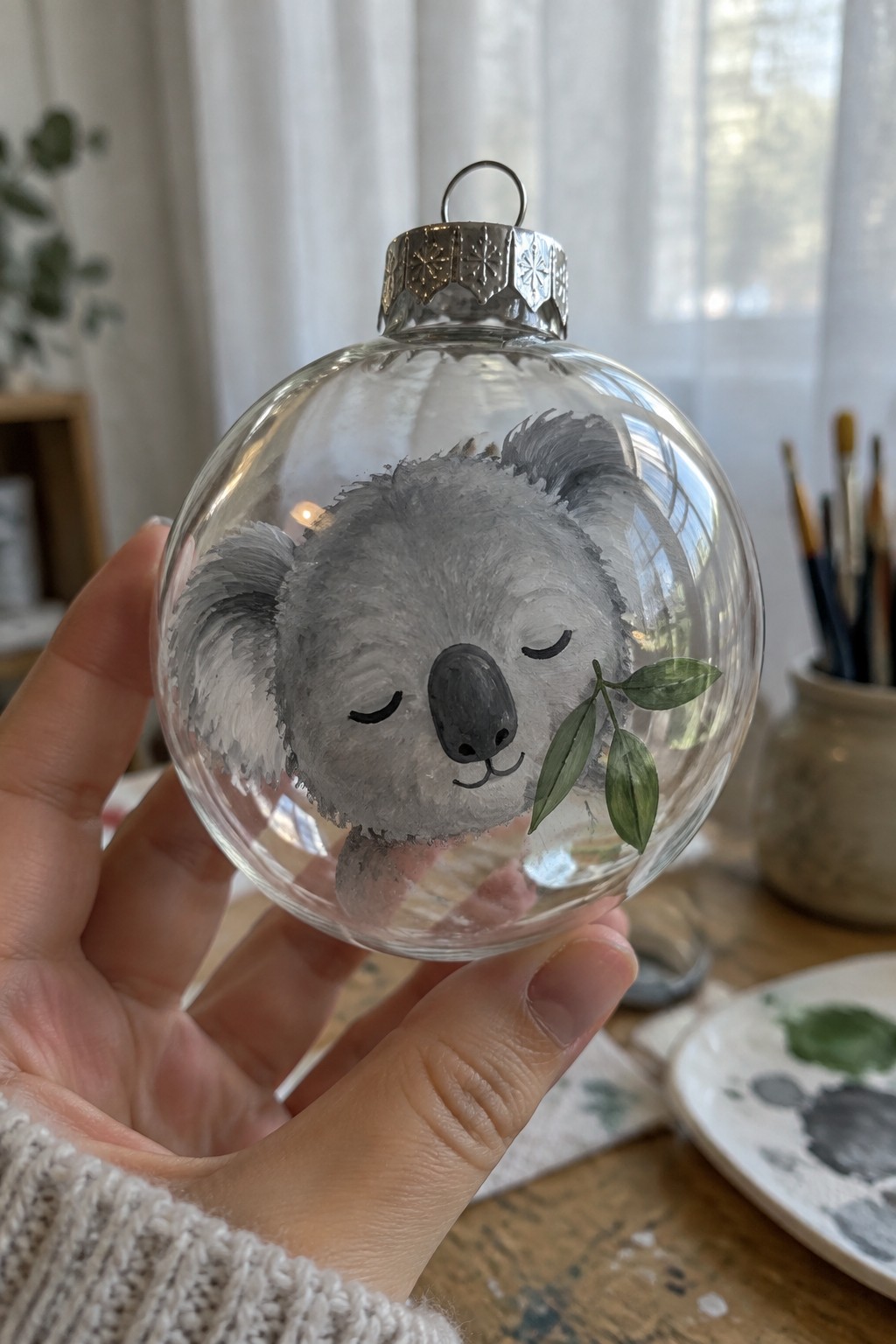 Hand holding clear glass ornament painted with sleeping gray koala and leaves