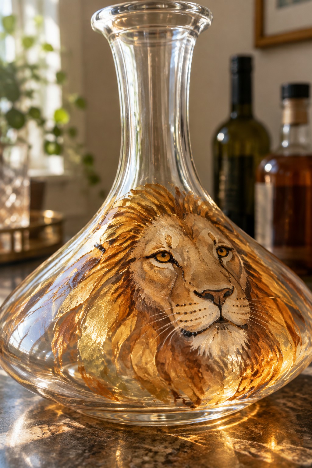 Glass decanter with golden lion's head painted on its curved surface.