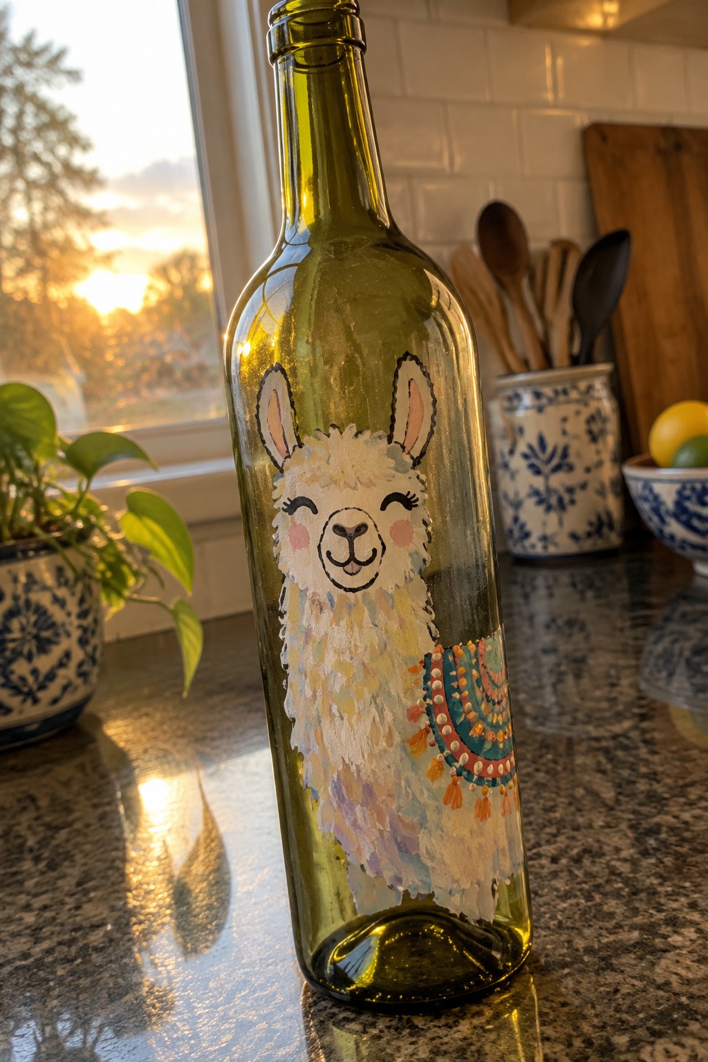 Green glass bottle with colorful hand-painted llama on kitchen counter at sunset