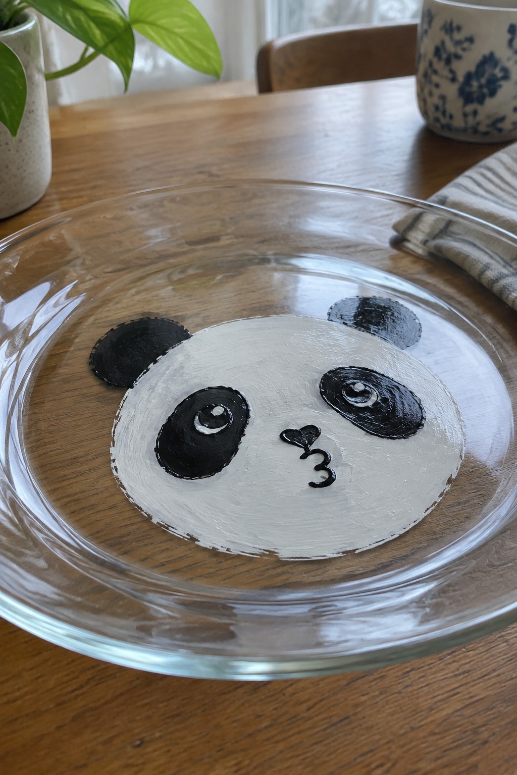 Clear glass pie dish with hand-painted panda face, black ears, and kissing expression on wood.