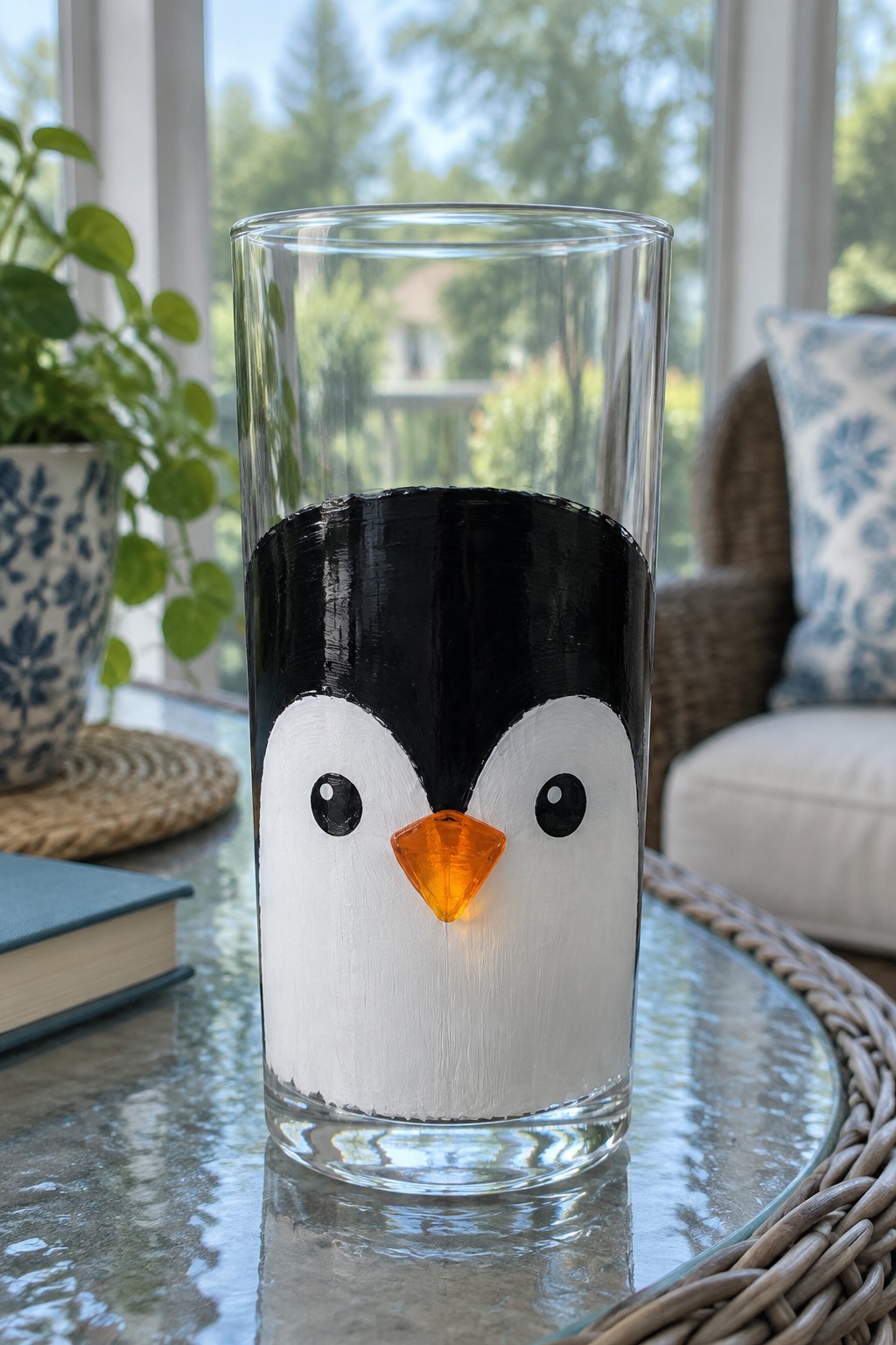 Painted glass tumbler with penguin face, black head, white body, and orange beak on table