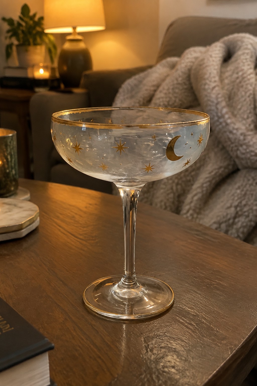 Gold-rimmed coupe glass with celestial gold stars and moon on wooden table.
