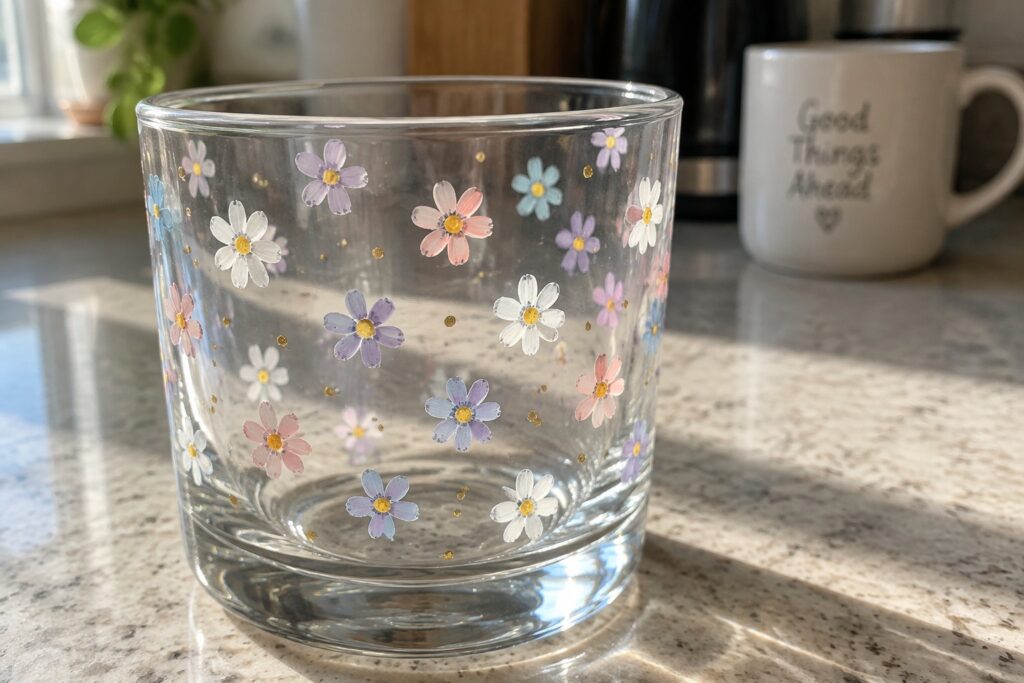 21 Cute Glass Painting Designs for Everyday Drinking Glasses Floral glass tumbler with pink, purple, white flowers and gold dots on kitchen counter