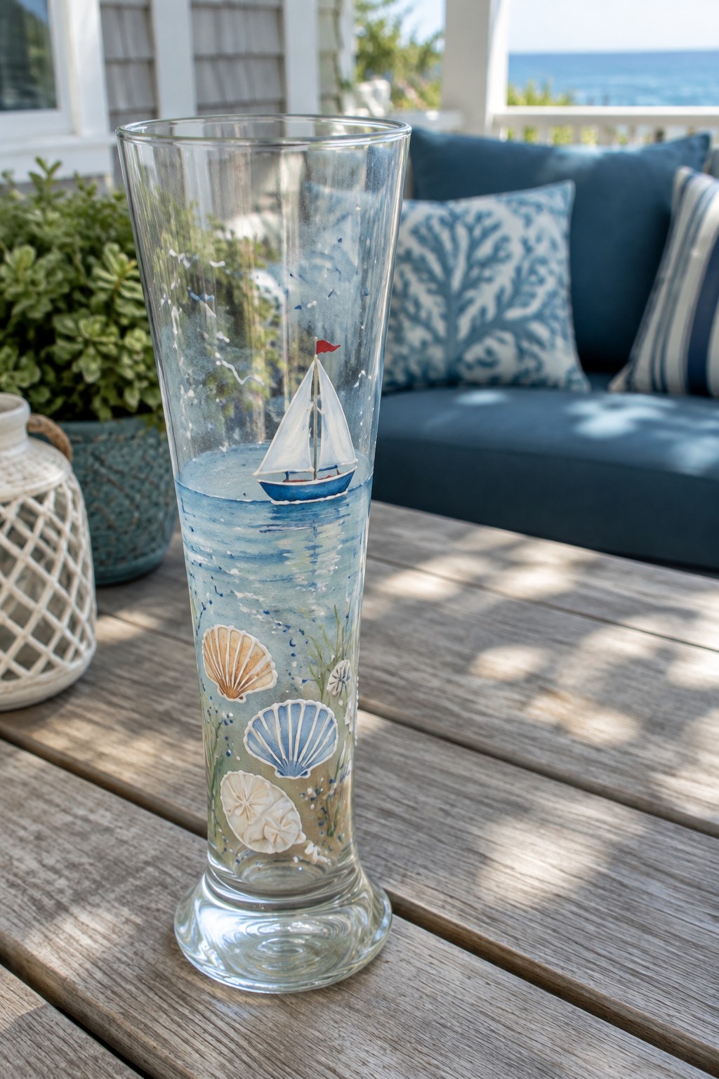 Tall painted glass with sailboat, seashells, and blue waves on wooden table