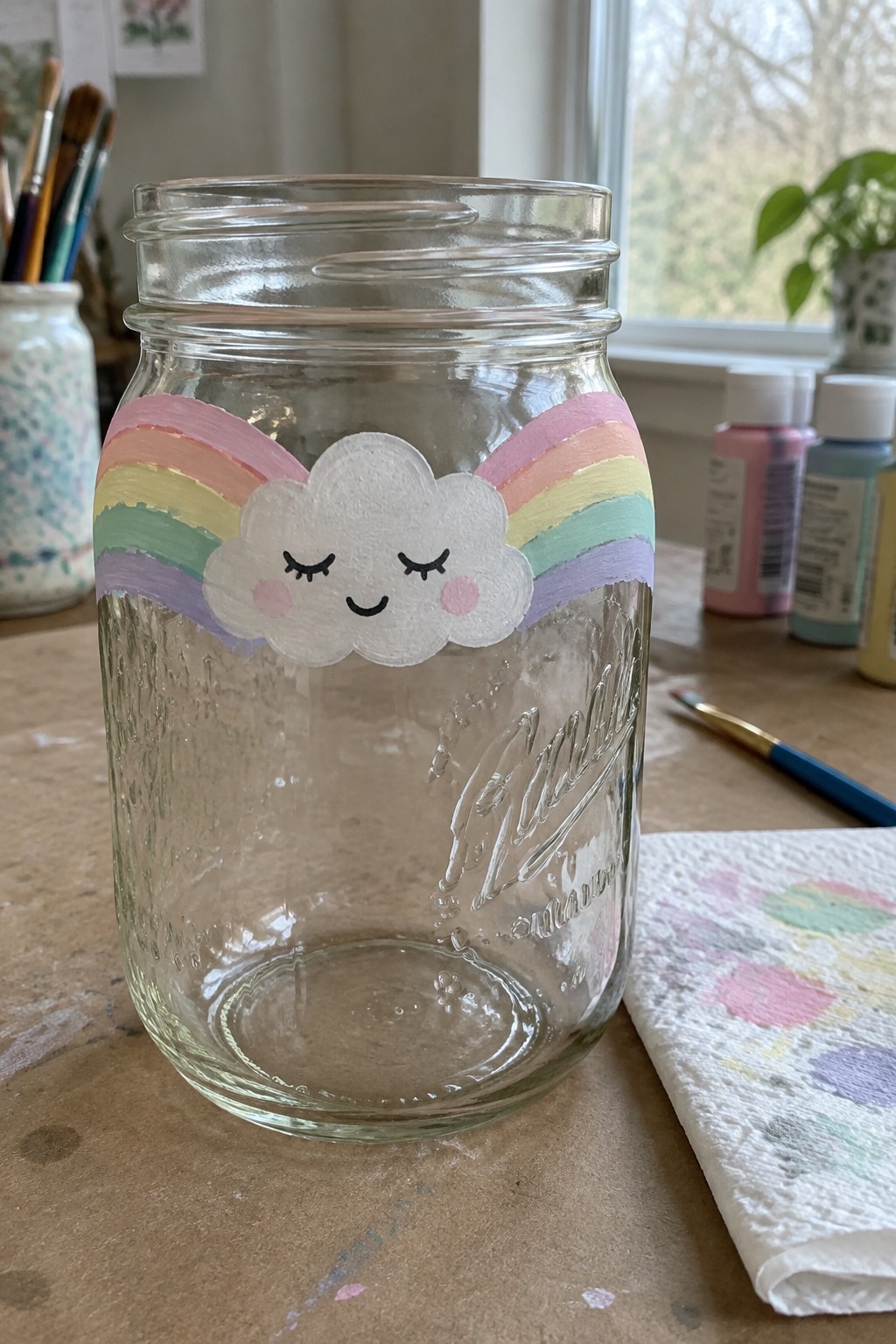 Painted mason jar with pastel rainbow and smiling cloud face on wooden table