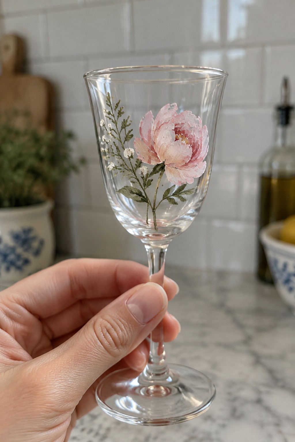Hand holding stemmed glass with pink peony flower and green foliage painting.