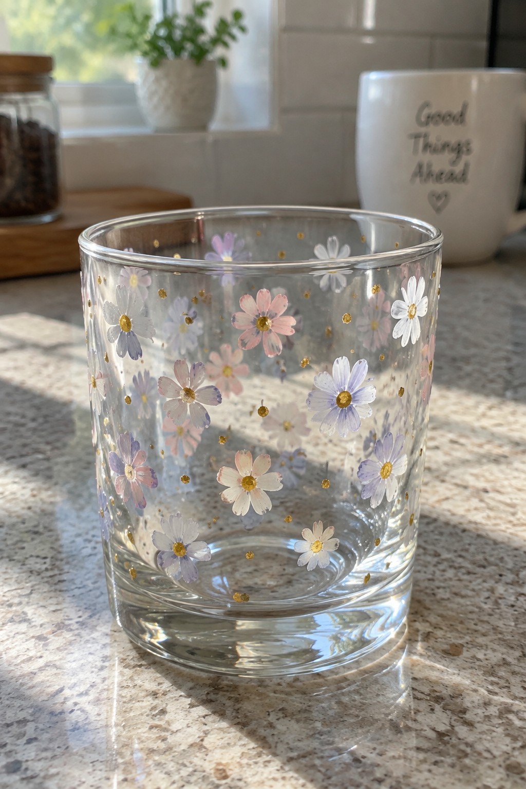 Floral glass tumbler with pink, purple, white flowers and gold dots on kitchen counter