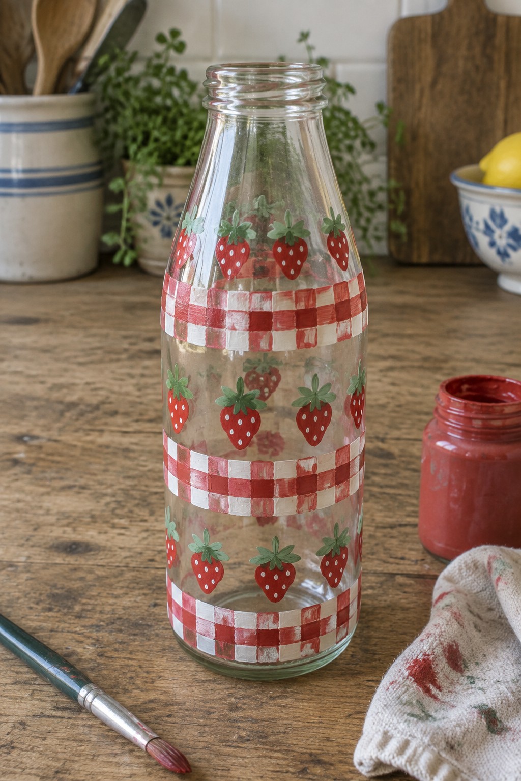 Glass bottle hand-painted with strawberries and red checkered bands beside paint supplies.