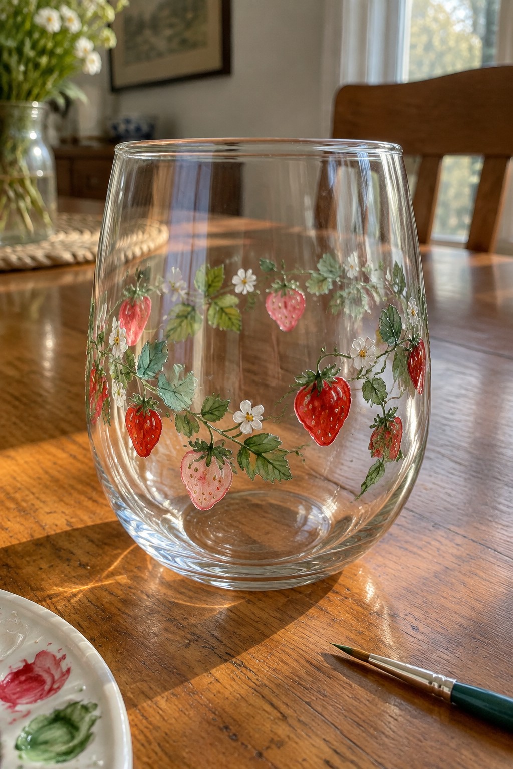 Hand-painted glass with strawberries and white flowers beside paintbrush on wooden table