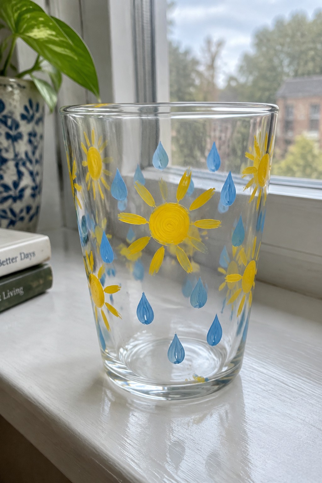 Clear glass cup painted with yellow suns and blue raindrops on windowsill.