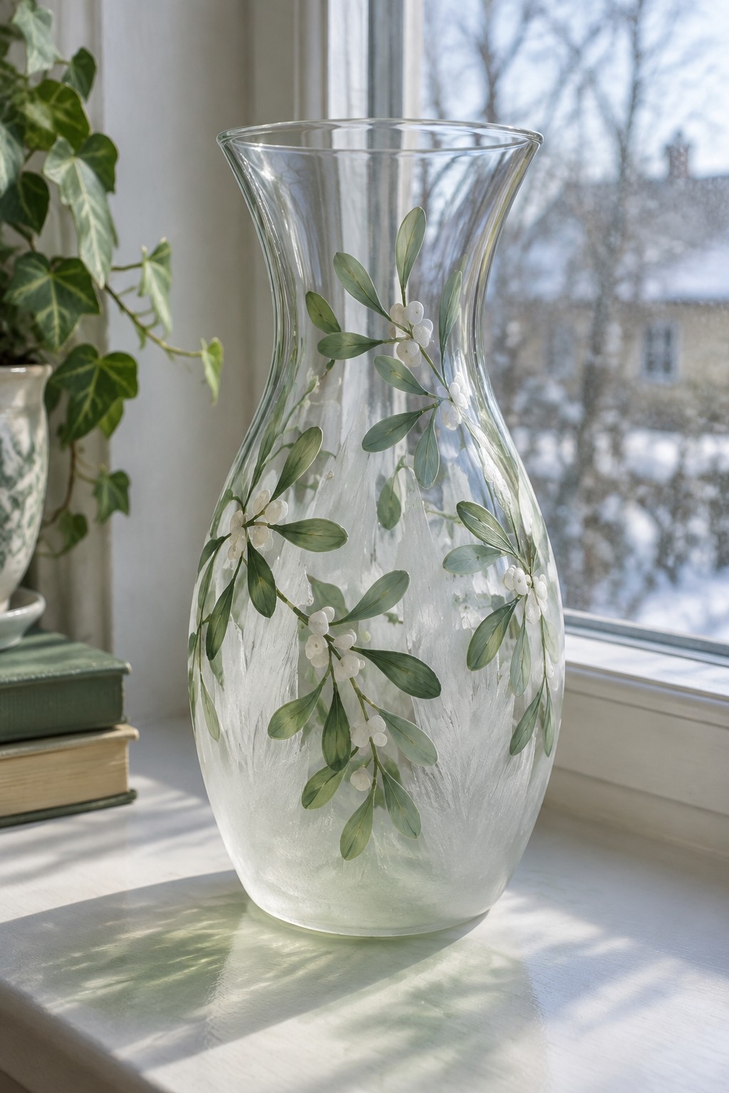 Frosted glass vase with mistletoe leaves and berries on sunlit windowsill