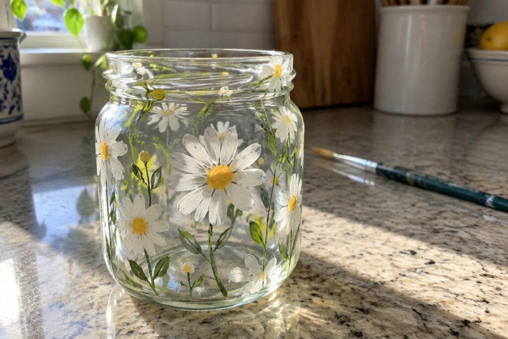22 Beautiful Glass Painting Ideas Using Wildflower Motifs Glass jar with hand-painted white daisies and green stems beside paintbrush on counter