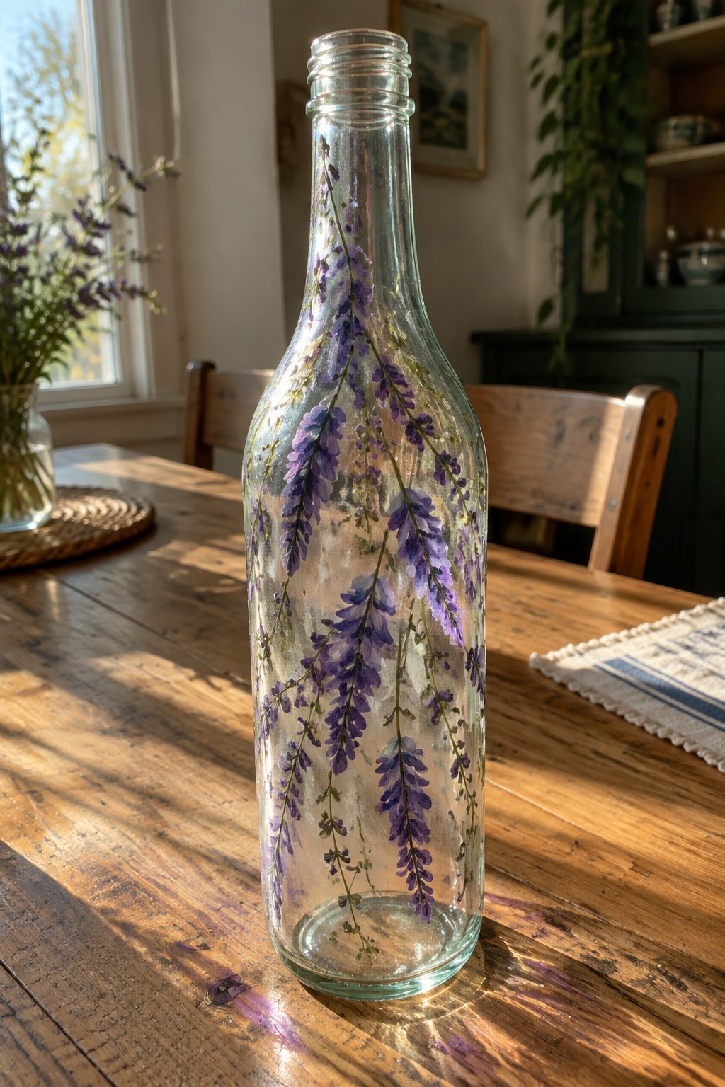 Glass bottle with purple floral painting on sunlit wooden table