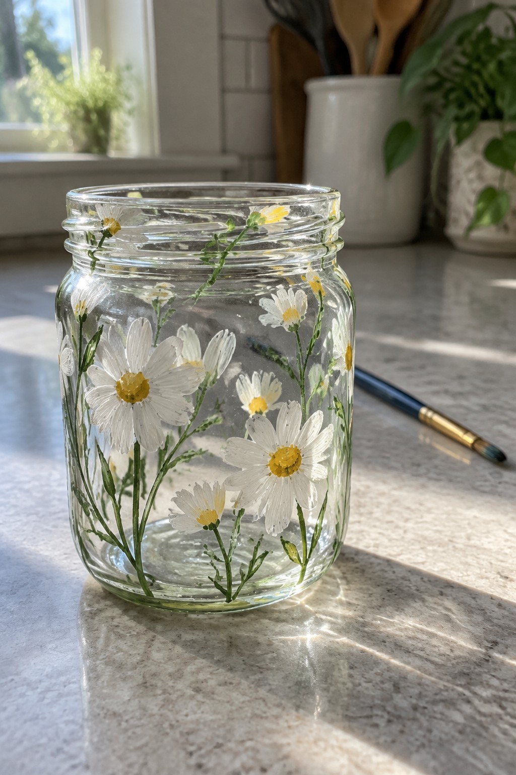 Glass jar with hand-painted white daisies and green stems beside paintbrush on counter