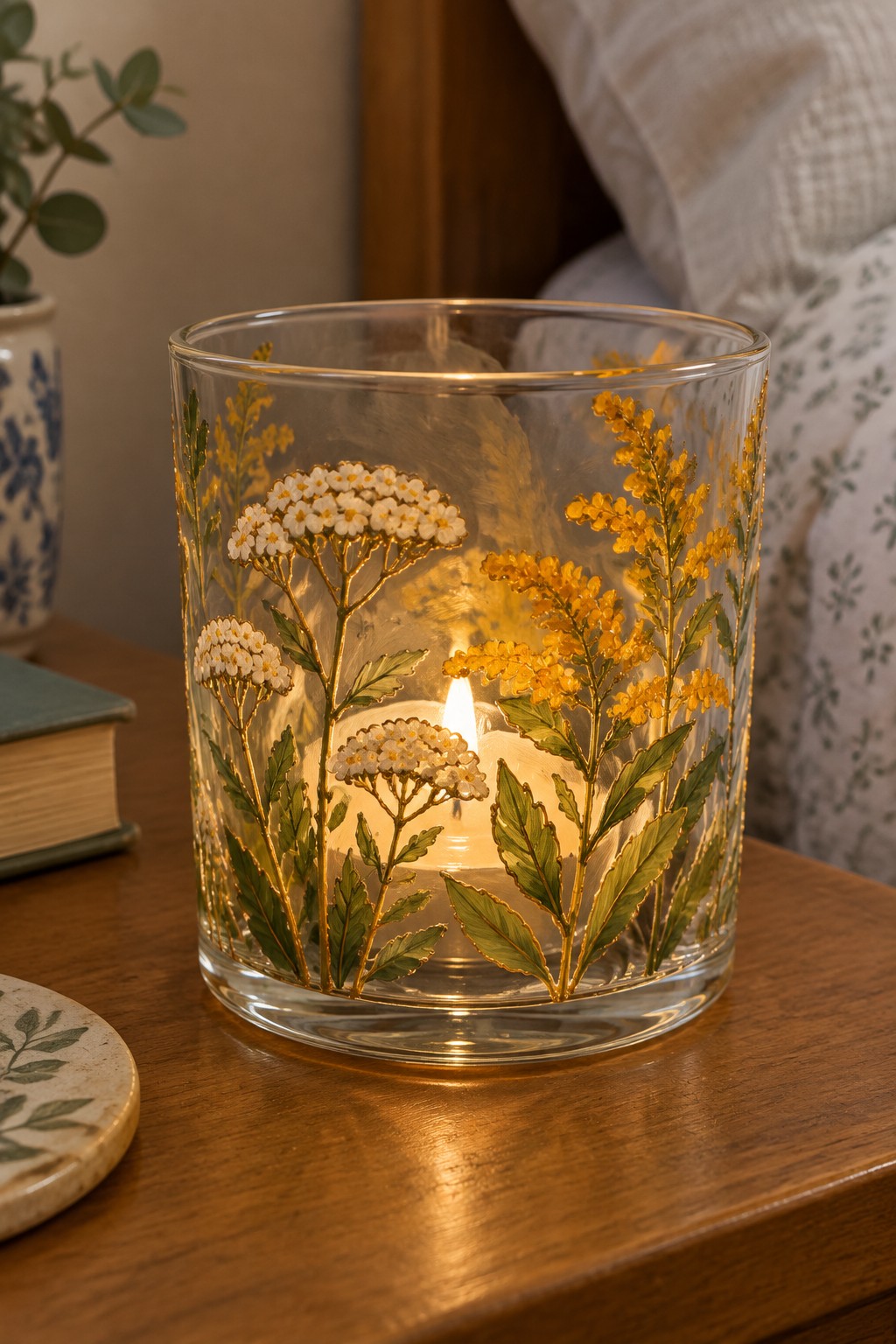 Lit candle in glass holder with gold floral designs on wooden table