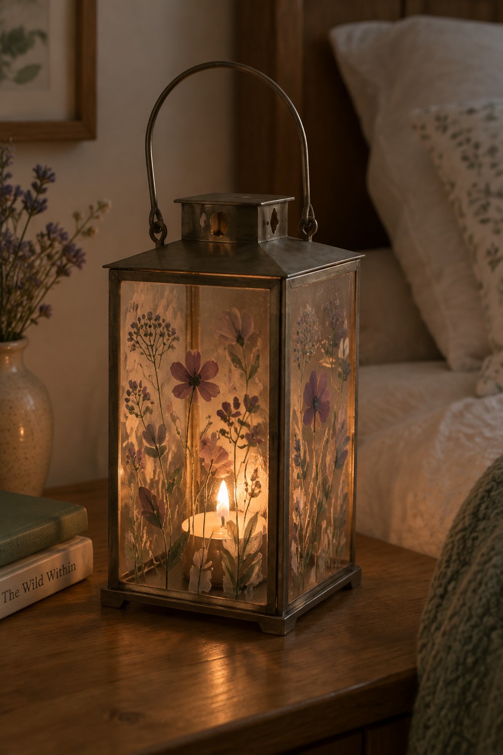 Glowing lantern with pressed flowers and lit candle on wooden bedside table