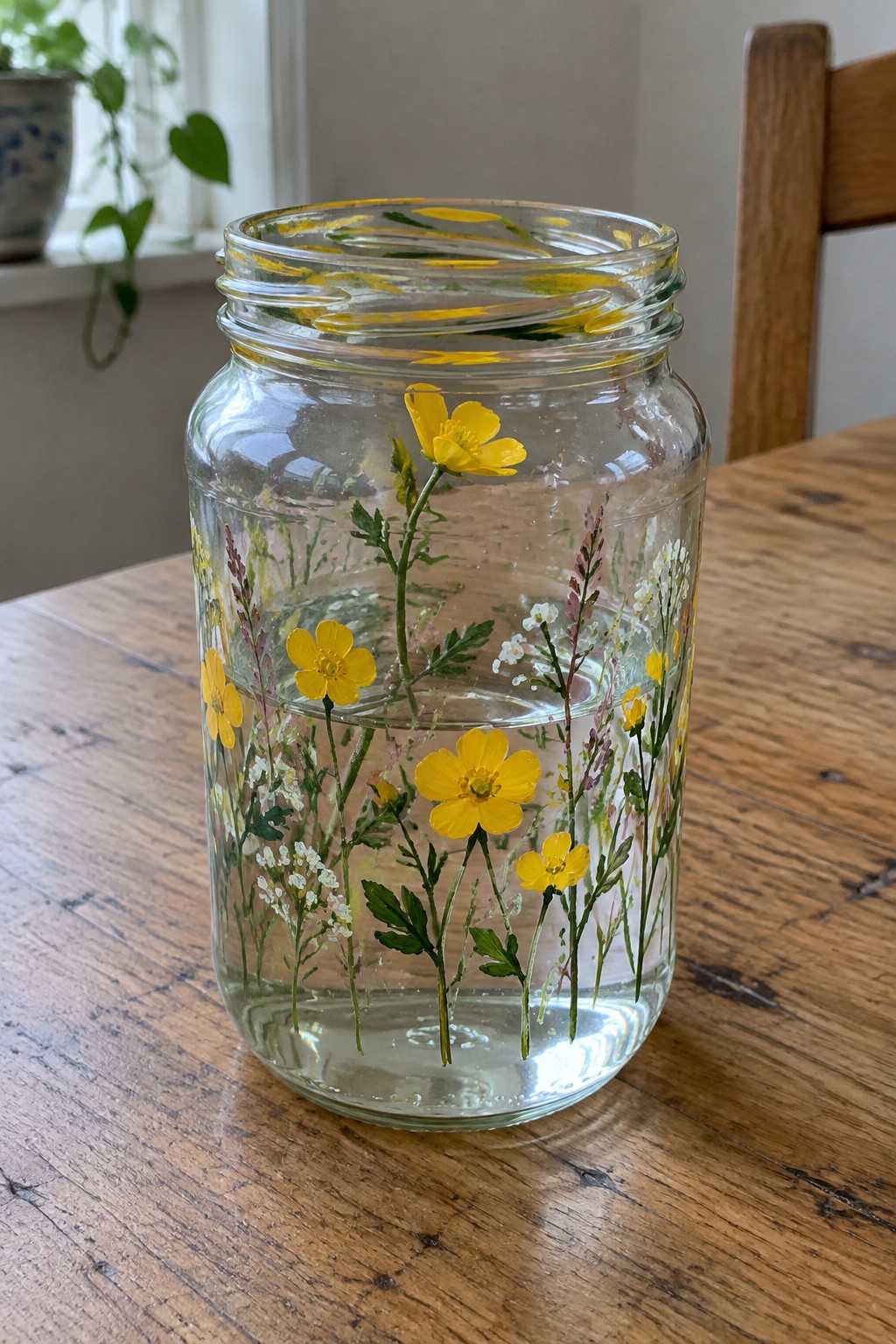 Glass jar with yellow wildflowers and green stems floating in water on wooden table