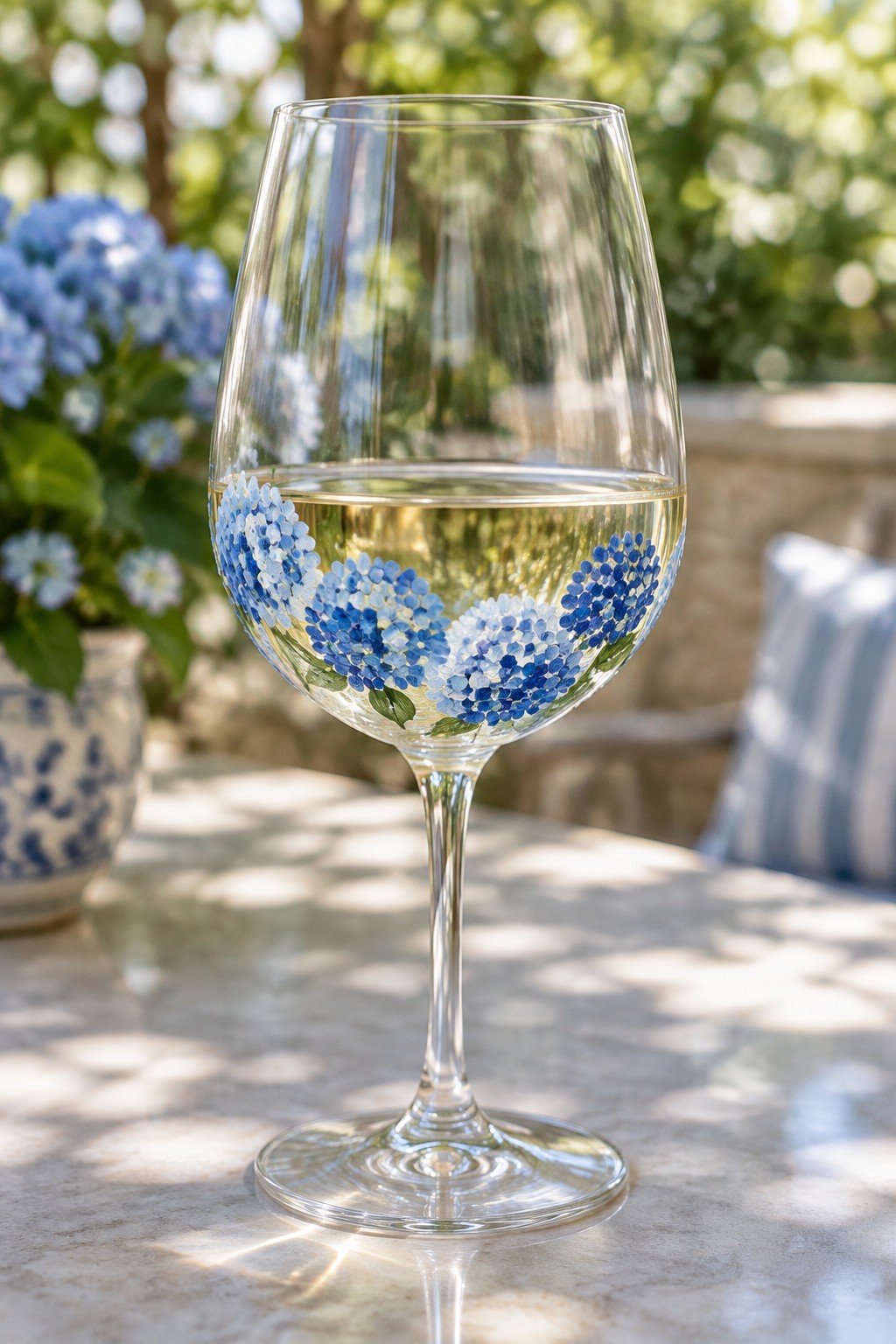 Wine glass with blue hydrangea paintings filled with white wine on marble table