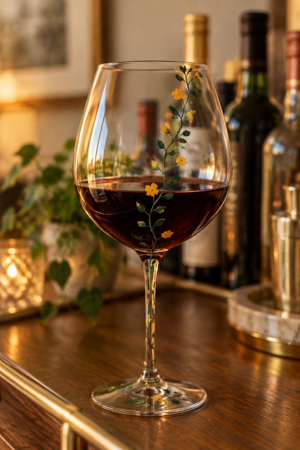 Red wine in glass painted with yellow flowers and green vines on wooden table