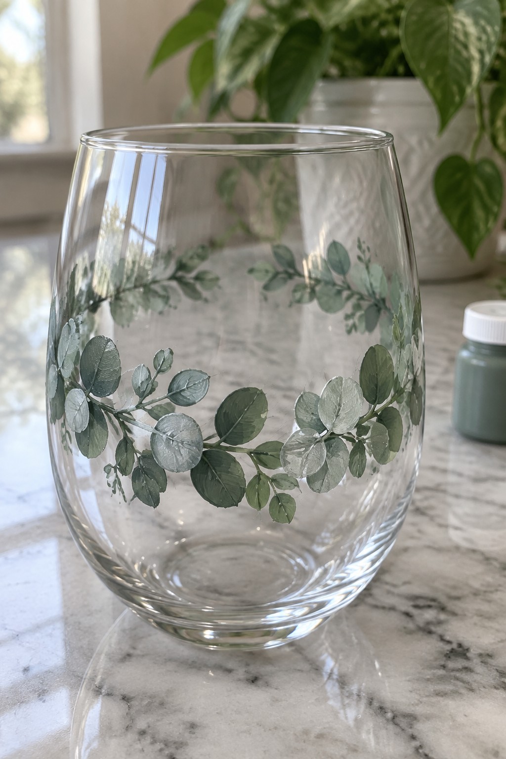 Glass tumbler with hand-painted green leaf wreath on marble countertop