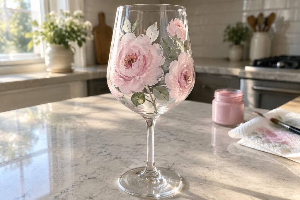 22 Chic Floral Designs for Hand-Painted Wine Glasses Painted wine glass with pink peonies beside paint jar and brush on marble counter