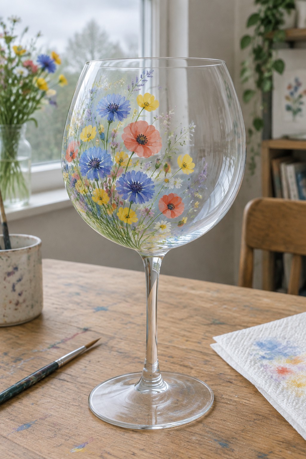 Painted wine glass with blue cornflowers, yellow blooms, and red poppies on table