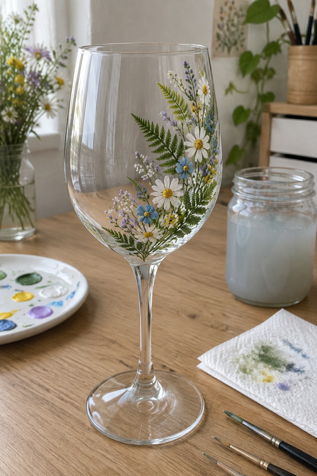 Floral-painted wine glass with daisies and ferns beside paint palette and brushes on wood.