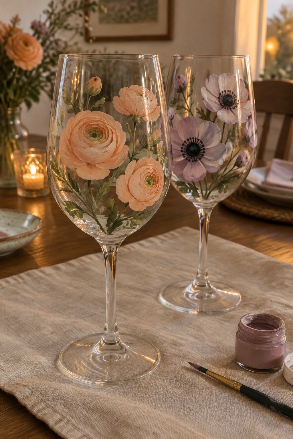 Two floral-painted wine glasses on linen with paint jar and brush nearby.