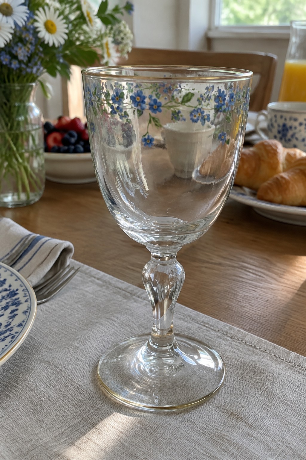 Crystal goblet with blue floral pattern and gold rim on breakfast table