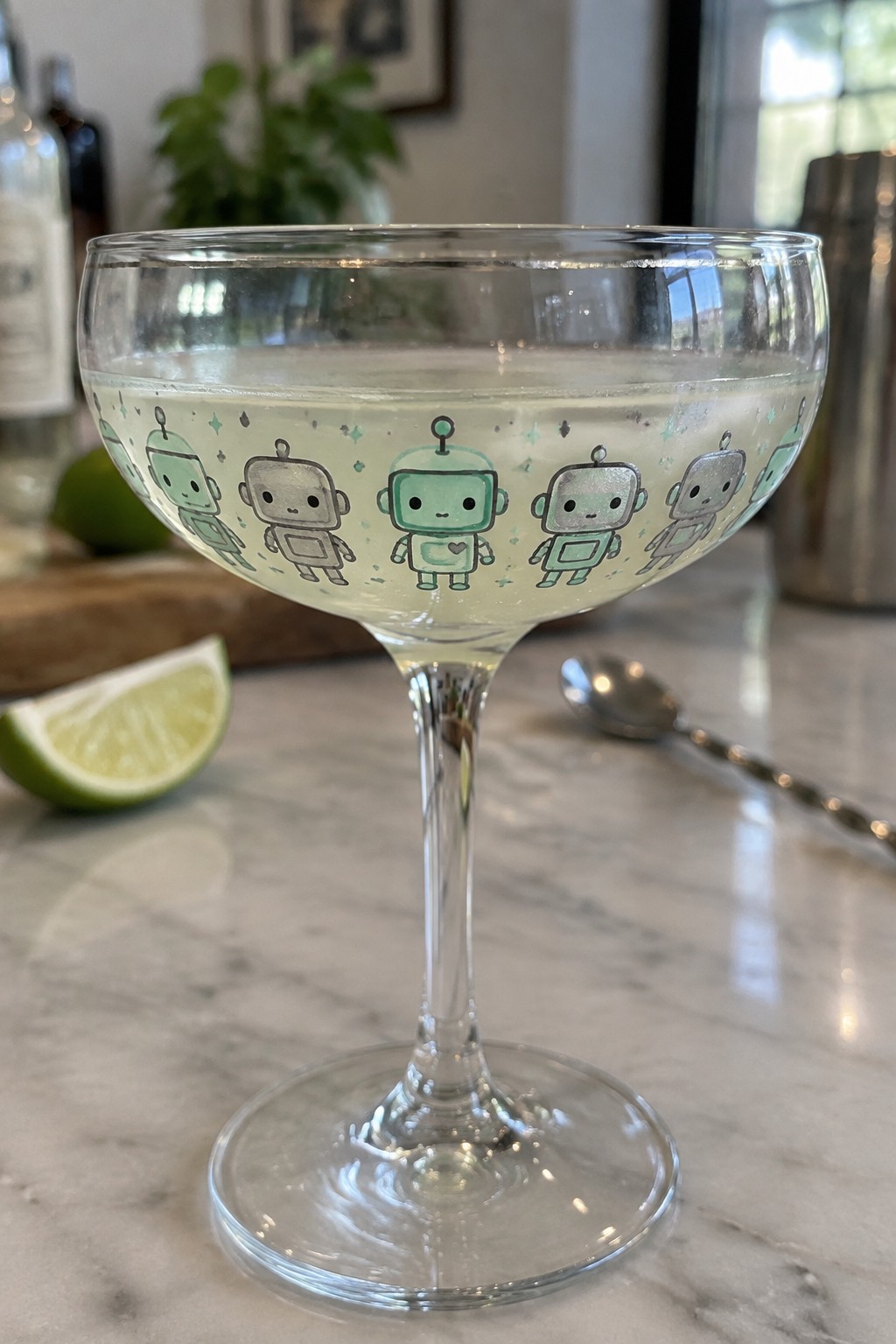 Coupe glass with pale liquid and green robot illustrations on marble counter