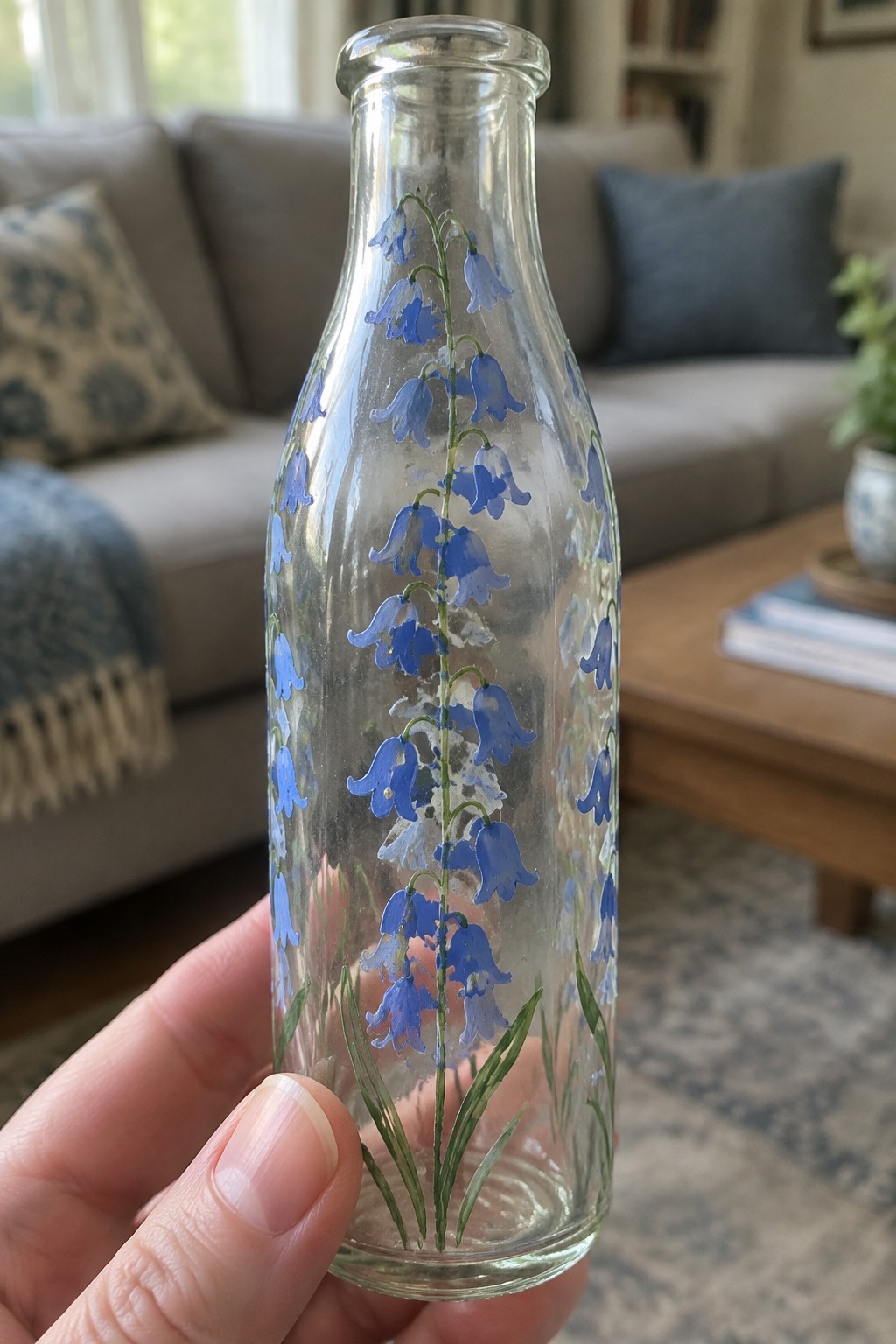 Hand holding clear glass bottle painted with blue bellflowers and green stems