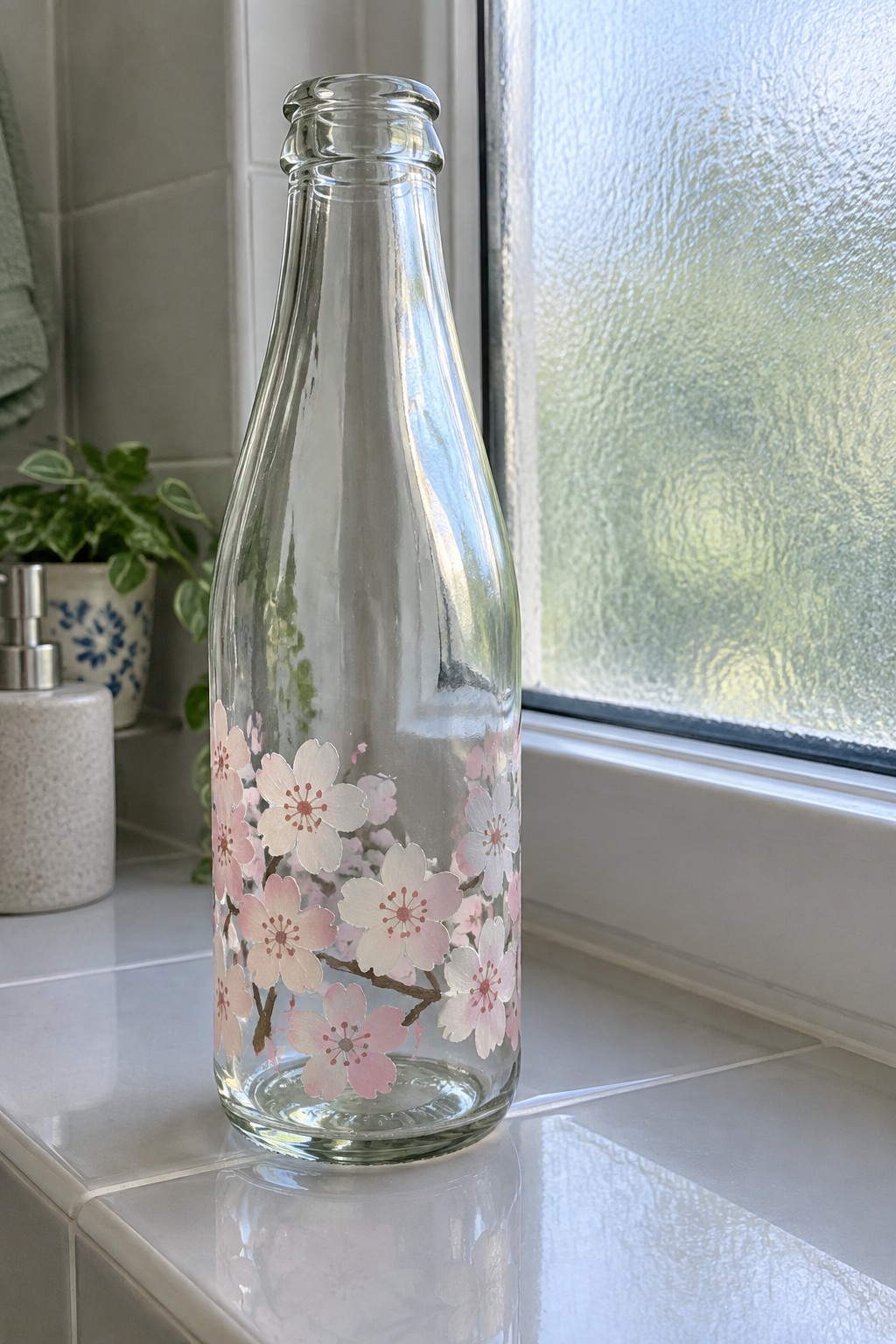 Tall clear glass bottle with pink cherry blossom design on tiled windowsill