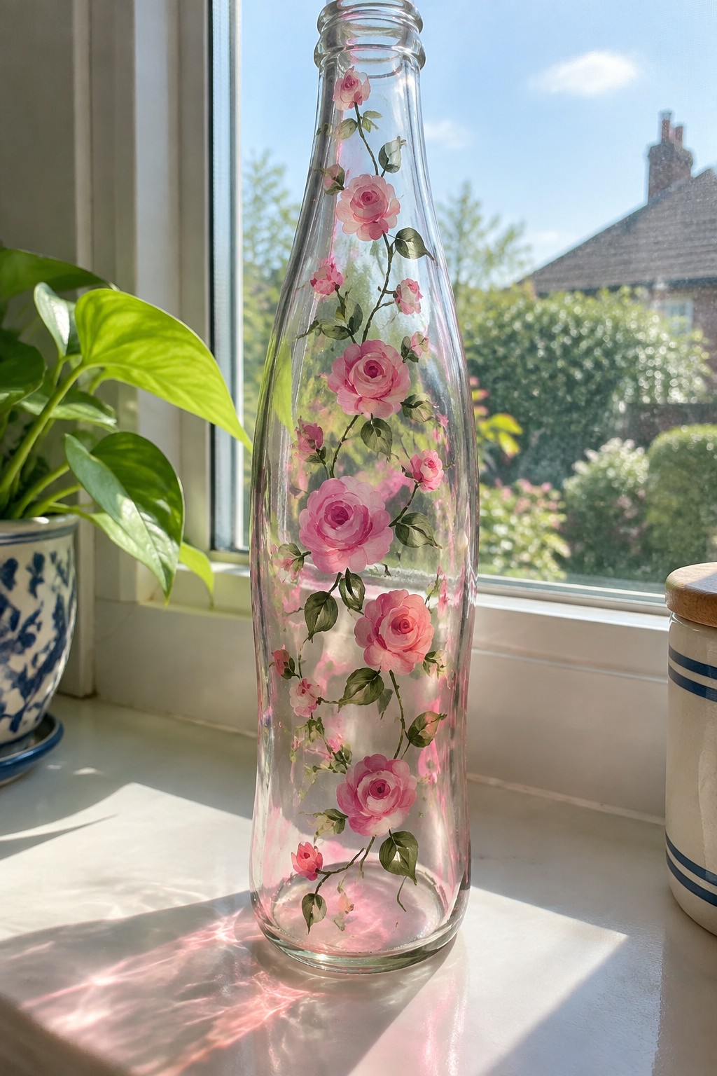 Glass bottle with pink roses on sunny windowsill beside potted plant