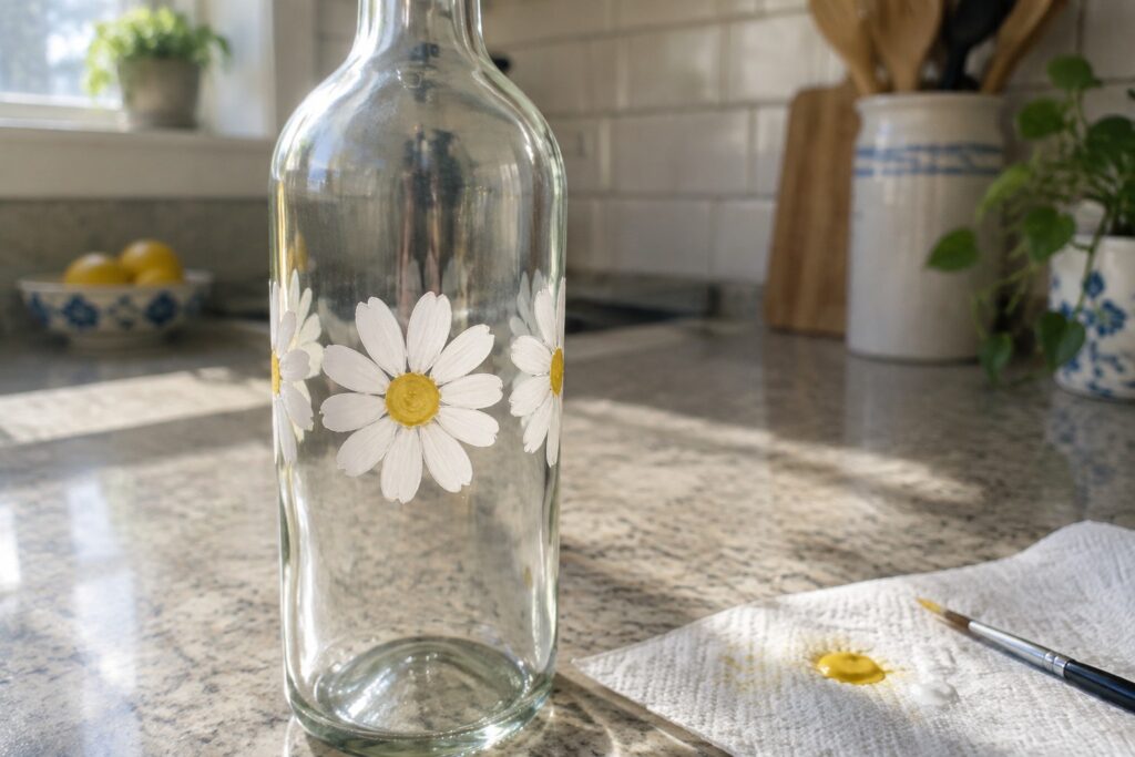 22 Easy Glass Bottle Painting Projects With Simple Floral Stencils Glass bottle with white and yellow painted daisies beside paintbrush and supplies