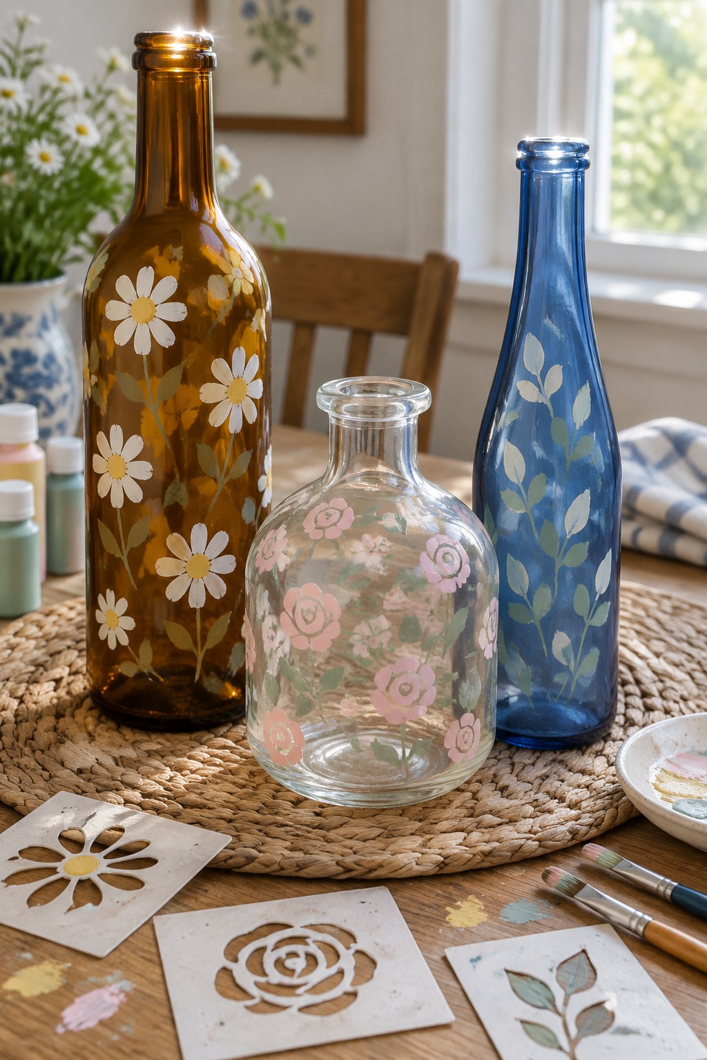 Three painted glass bottles with daisy, rose, and leaf stencil designs on a table