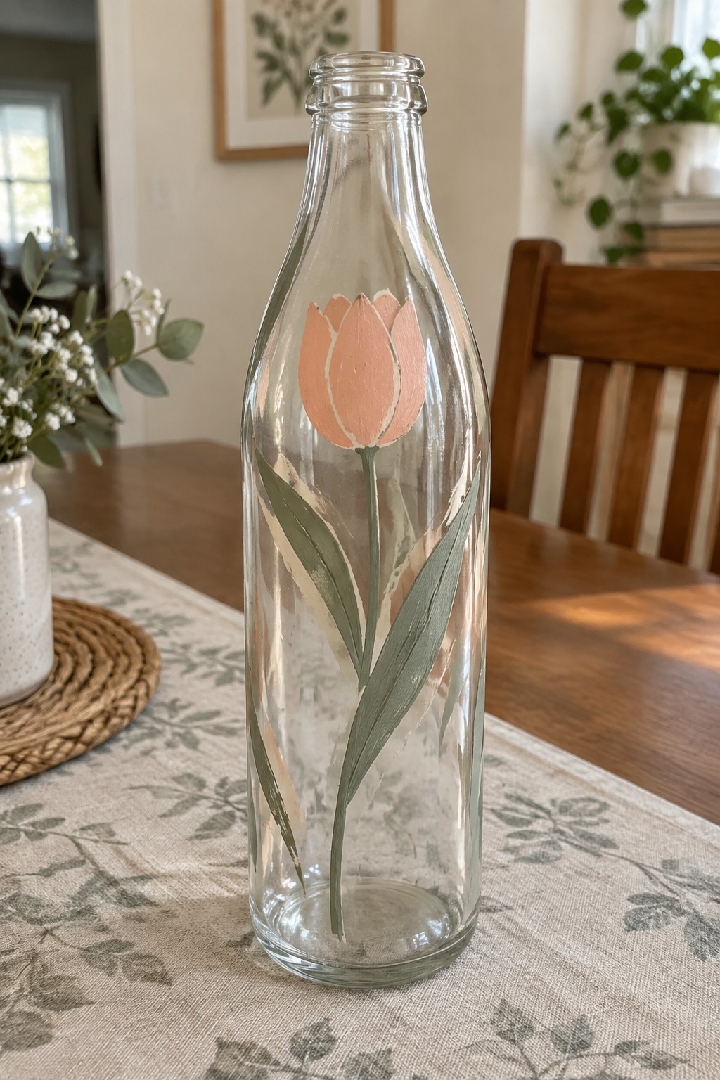 Clear glass bottle with hand-painted pink tulip and green leaves on table