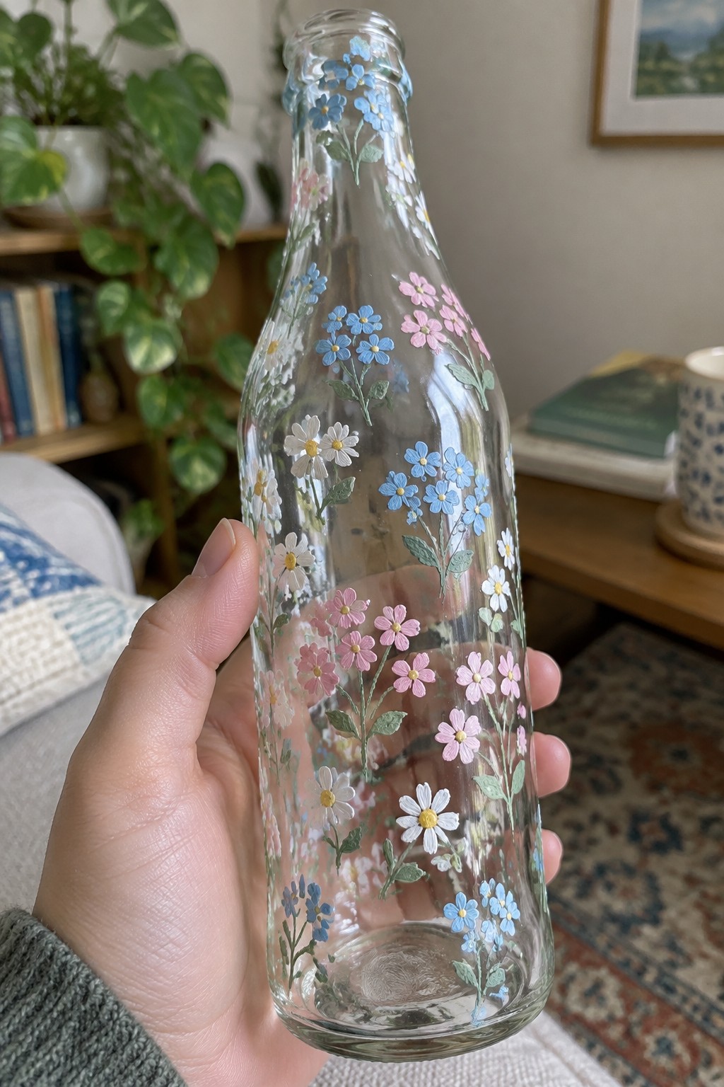 Hand holding clear glass bottle hand-painted with blue pink white wildflowers and green stems